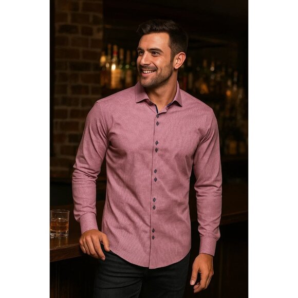 Stone Rose Maroon Wine Microcheck Contrast Cuff Button Down Shirt Size Large - Picture 1 of 10